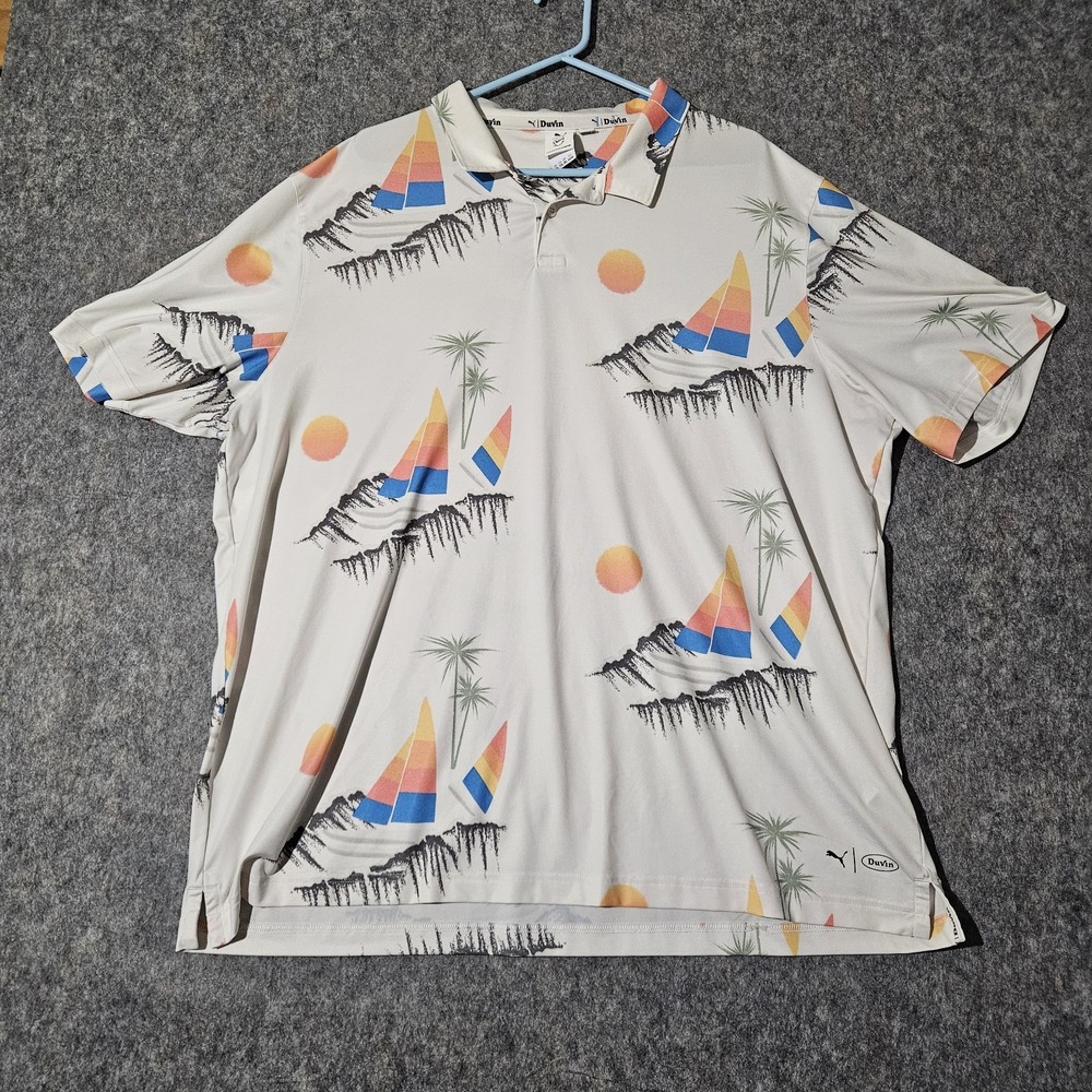 Puma Cream Polo with Multicolor Sailboat and Sunset Print